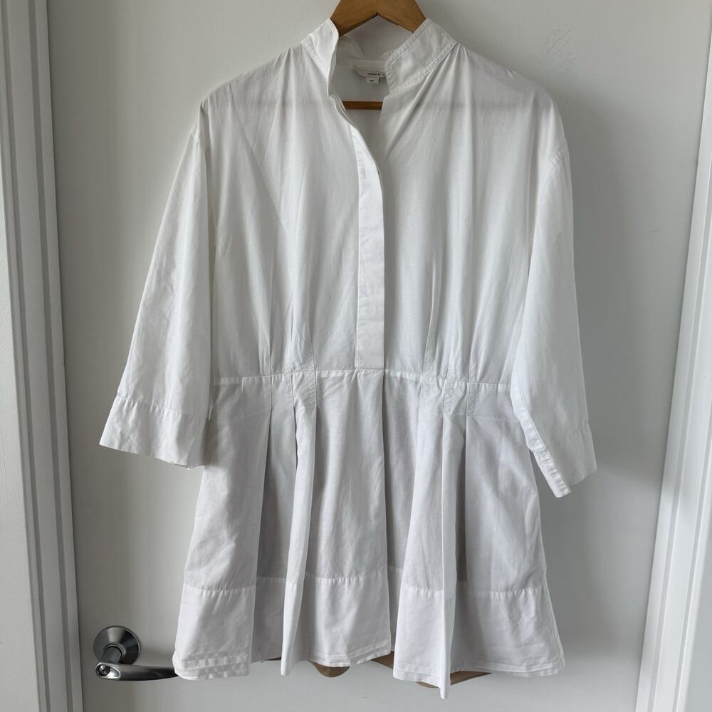 Vince Solid Shirt Dress Fitted Band Collar Mini Size s Pleated With Pockets